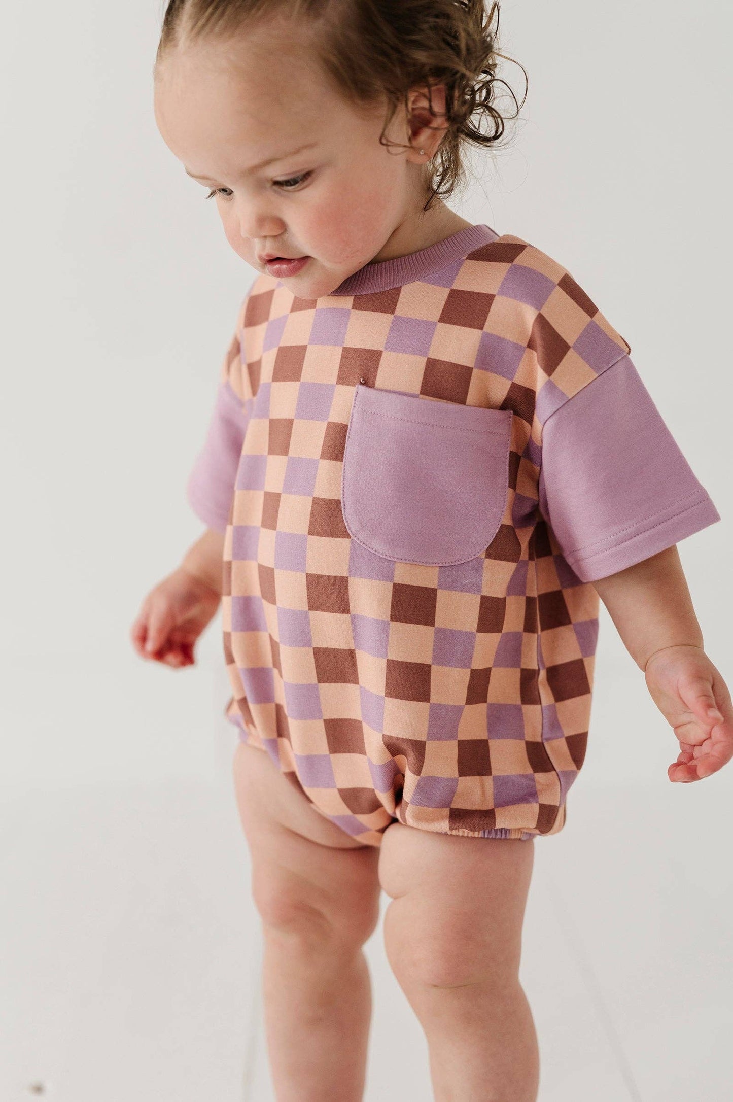 babysprouts clothing company - Short Sleeve Colorblock Romper: Checker in Burlwood