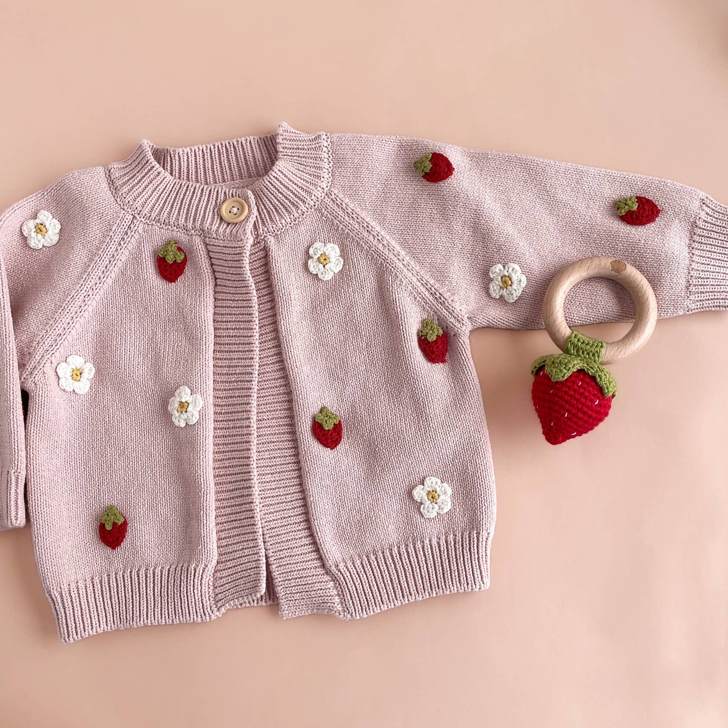 The Blueberry Hill - Cotton Strawberry Flower Cardigan Baby Sweater