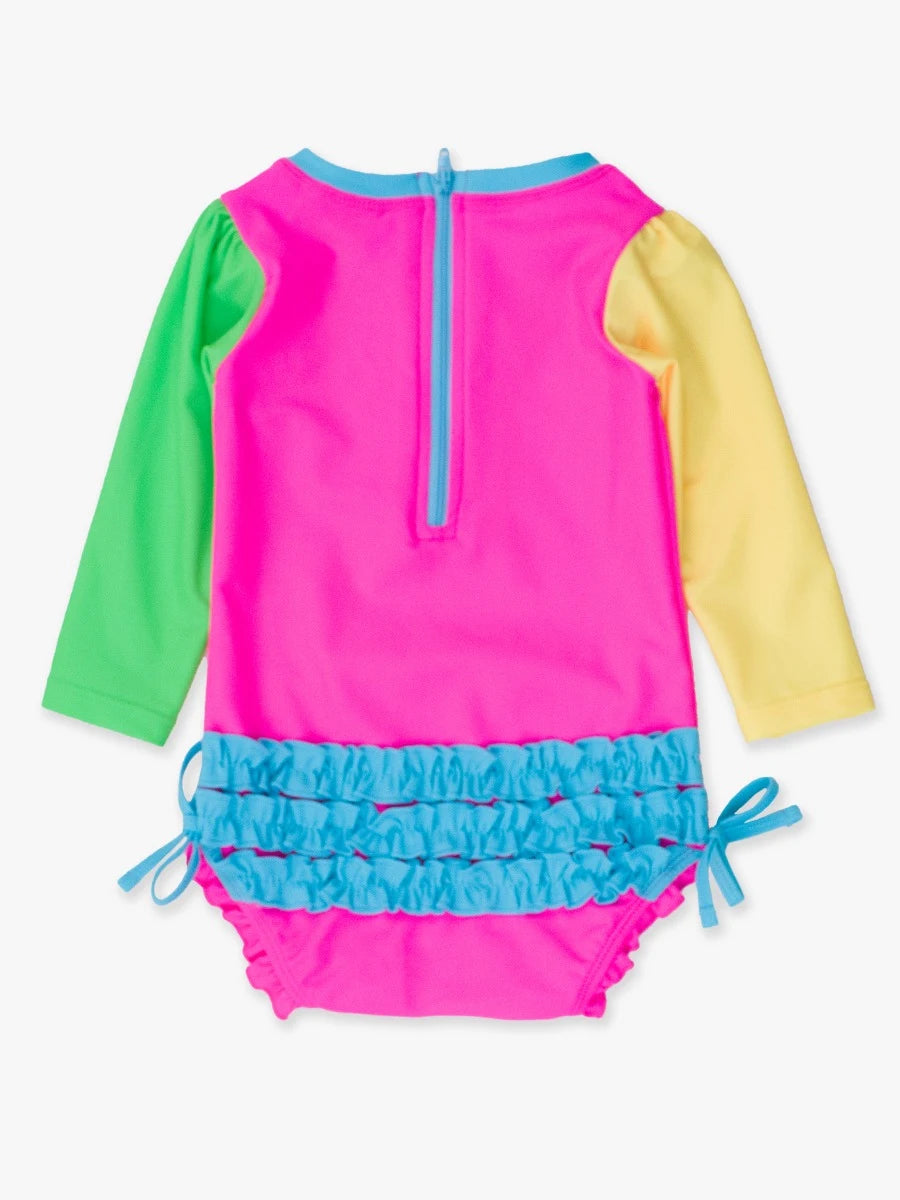 Rufflebutts - Neon Color Block Long Sleeve One Piece Rash Guard