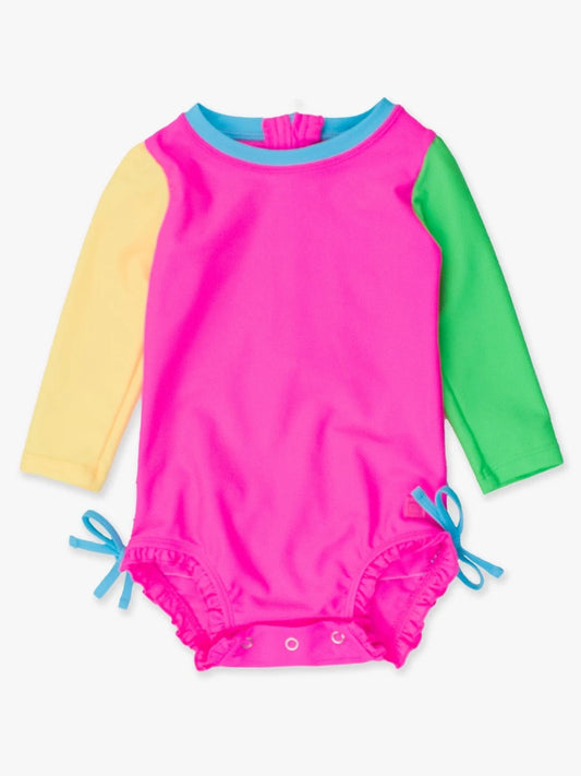 Rufflebutts - Neon Color Block Long Sleeve One Piece Rash Guard