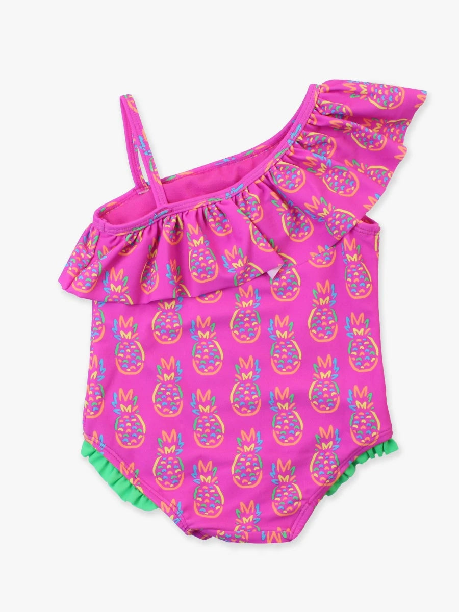 Rufflebutts - Neon Violet Pineapples One Shoulder Ruffle One Piece