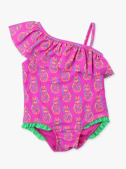 Rufflebutts - Neon Violet Pineapples One Shoulder Ruffle One Piece