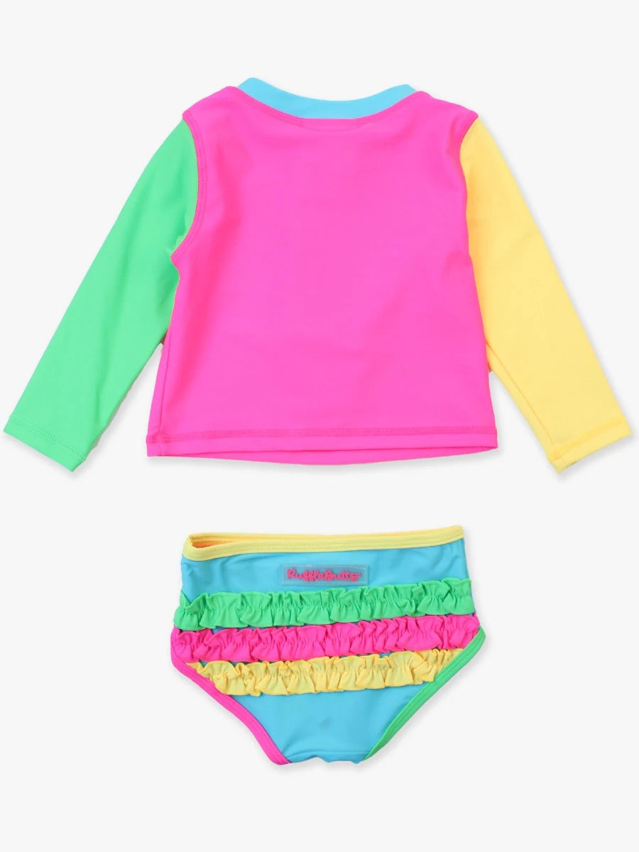 Rufflebutts - Neon Color Block Long Sleeve Zipper Rash Guard 2-Piece