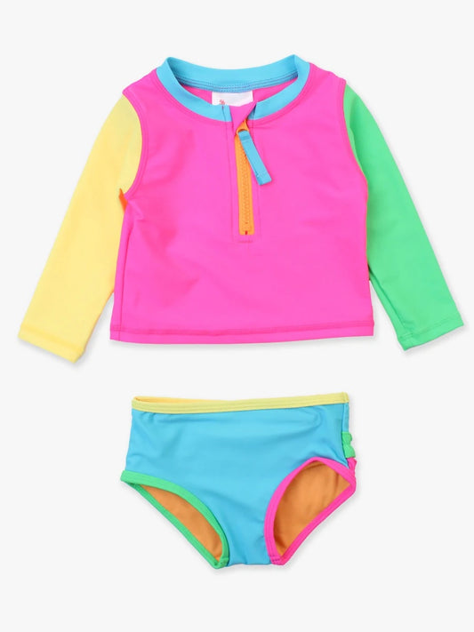 Rufflebutts - Neon Color Block Long Sleeve Zipper Rash Guard 2-Piece