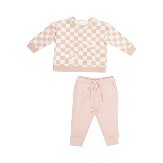 Angel Dear - French Terry Checkerboard Pink - Sweatshirt w/ Daisy Patch + Jogger