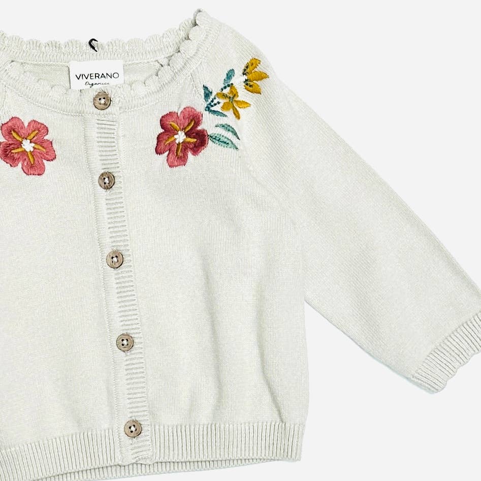 Viverano Organics - Stone Floral Embroidered Baby Cardigan Sweater