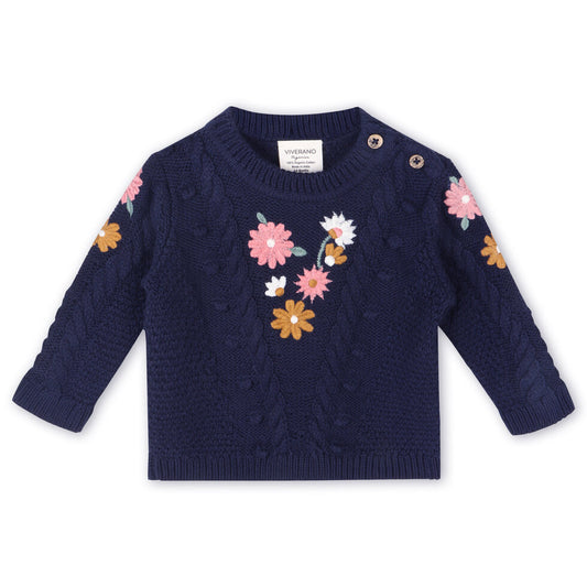 Viverano Organics Floral Embroidered Chunky Knit Baby Pullover Sweater w/ Pocket Sweater Knit