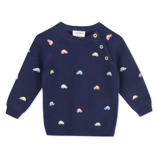 Viverano Organics - Mini Cars Embroidered Raglan Baby Pullover Sweater w/ Pocket Sweater