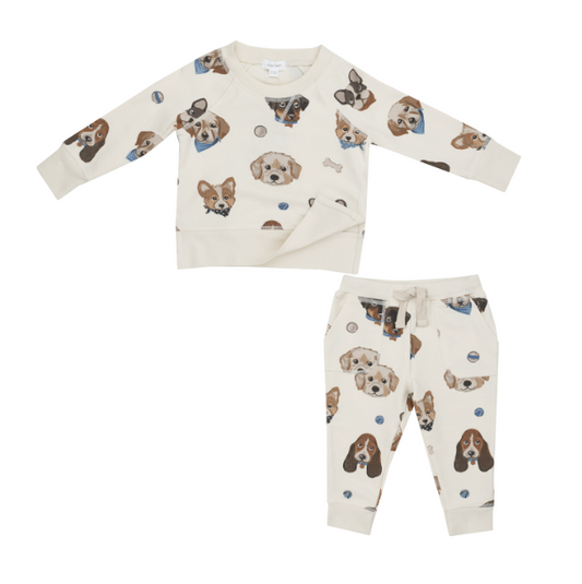 Angel Dear - French Terry Vintage Puppy Faces - Raglan Sweatshirt and Jogger Set