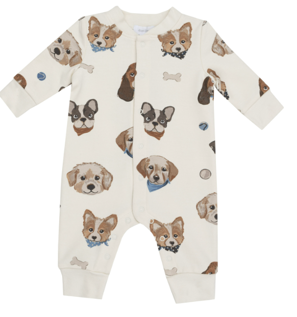 Angel Dear - French Terry Vintage Puppy Faces - Baseball Collar Romper