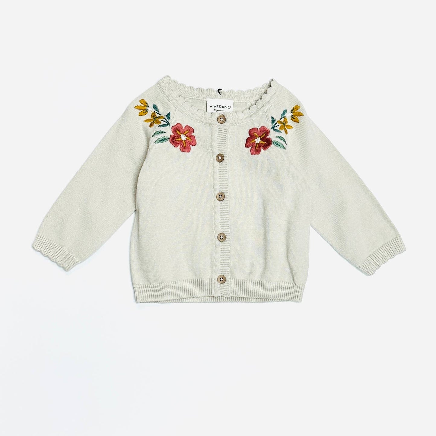 Viverano Organics - Stone Floral Embroidered Baby Cardigan Sweater