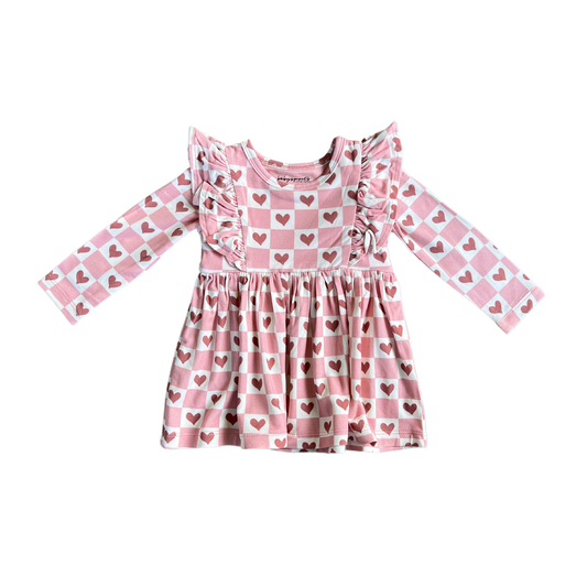 babysprouts clothing company - Girl's Long Sleeve Ruffle Dress: Checkered Girl's Hearts