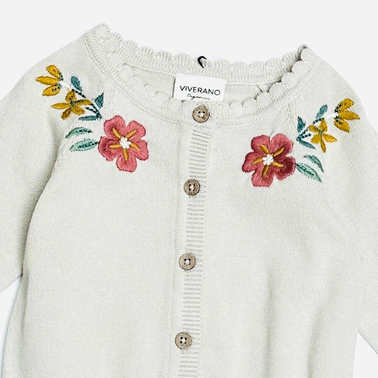 Viverano Organics - Stone Floral Embroidered Baby Cardigan Sweater