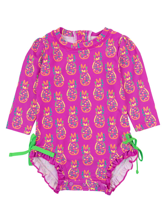 Rufflebutts - Neon Violet Pineapples Long Sleeve One Piece Rash Guard