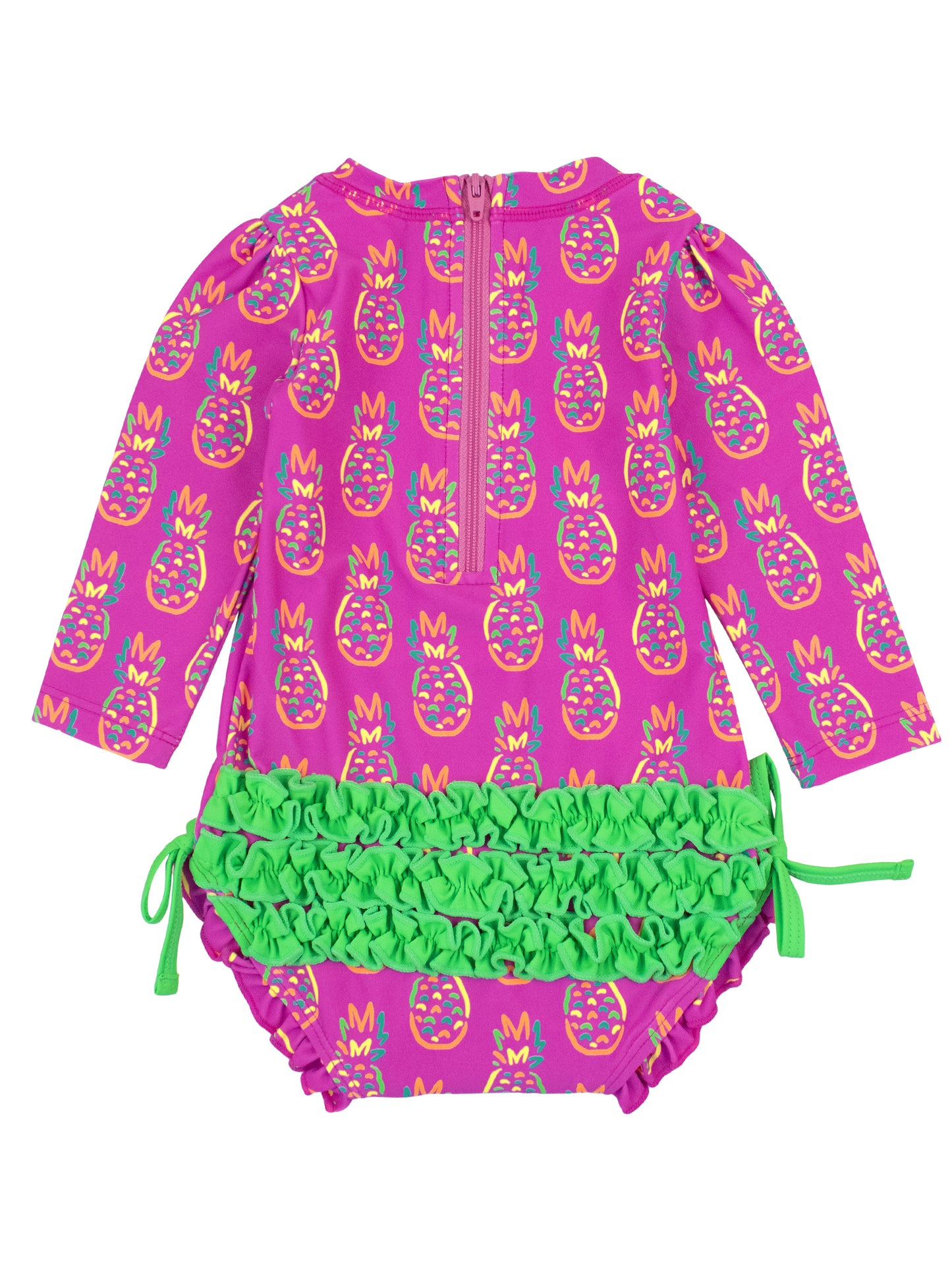 Rufflebutts - Neon Violet Pineapples Long Sleeve One Piece Rash Guard